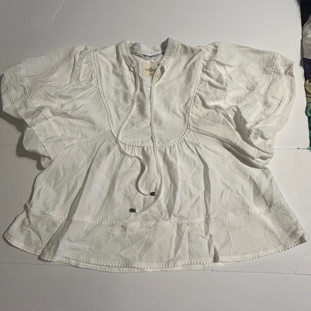 Umgee White Linen Blend Boho Flutter Sleeve Babydoll Blouse Top Medium